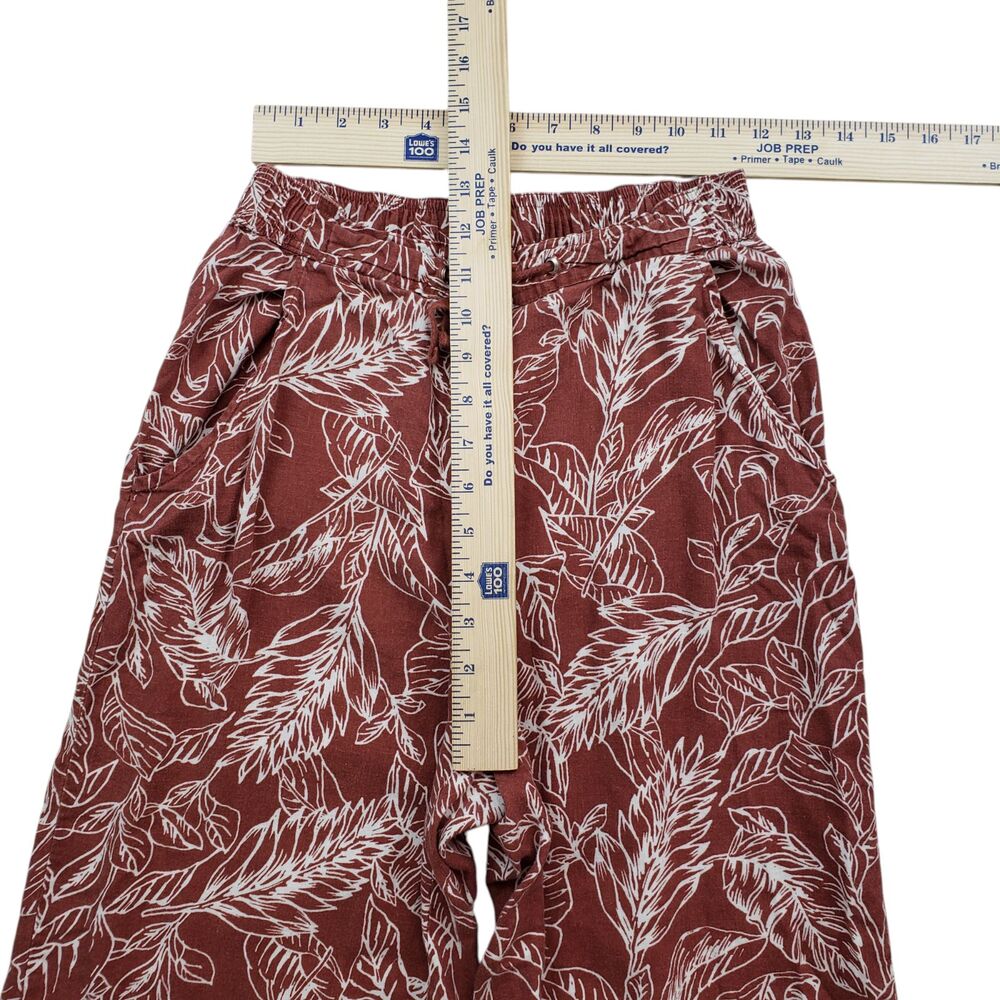 Cathy Linen Blend Pants Womens Small Rust Leaf Print Hawaiian Tropical Raw Hem - Picture 5 of 8
